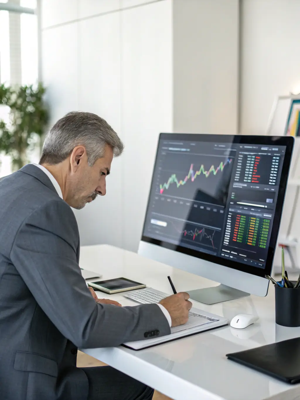 An image showcasing a financial analyst using AI-powered tools to analyze market trends and manage investments.