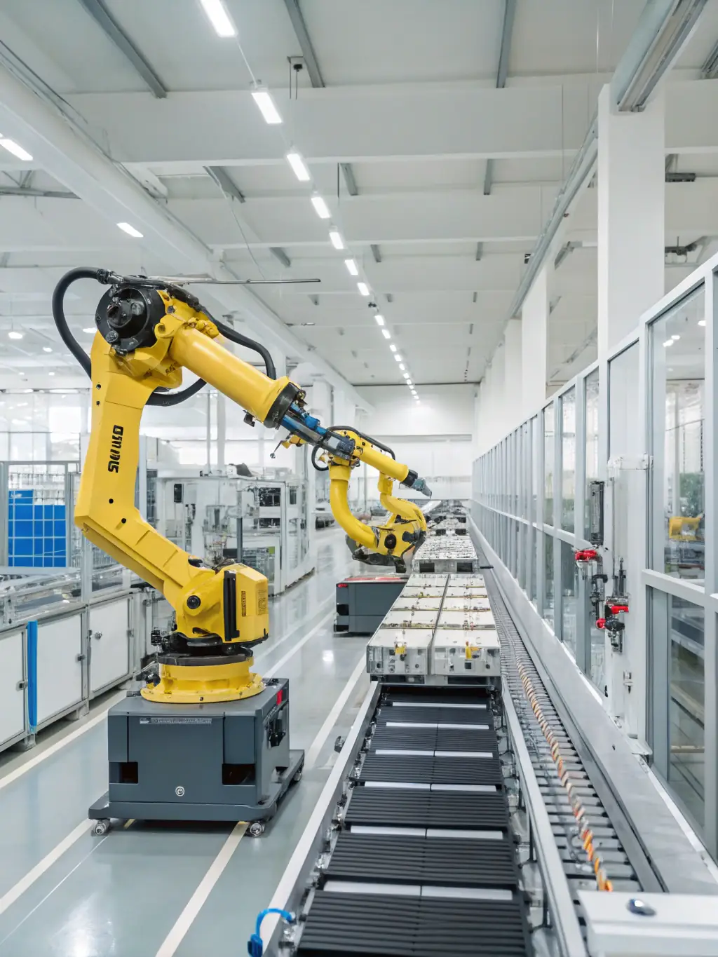 A visually appealing image of a smart factory with robots and automated systems, highlighting the manufacturing sector.