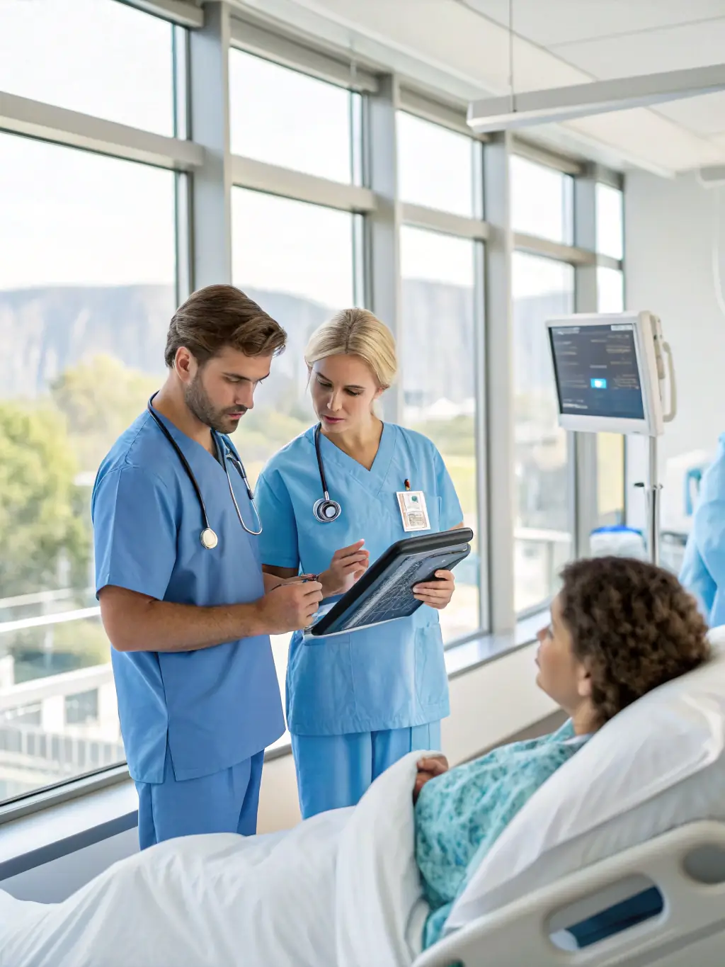 A high-resolution image depicting a modern hospital environment with doctors using AI-powered diagnostic tools, emphasizing the healthcare industry.