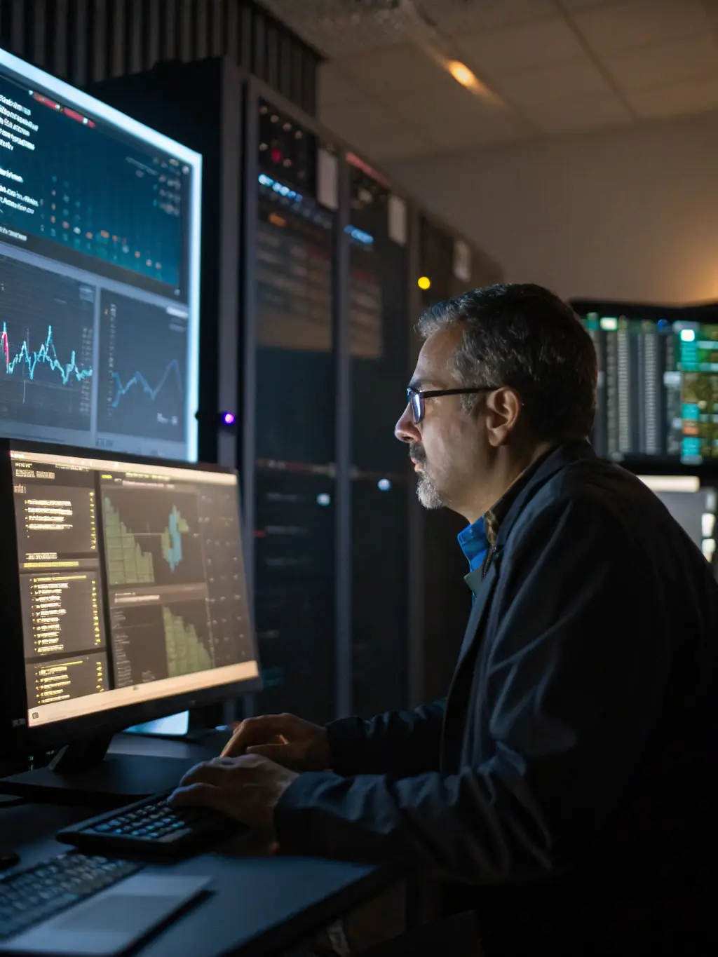 A professional photograph of a data scientist working on a complex algorithm visualization on a large monitor, showcasing the depth of Genelevate AI's expertise in data analysis.