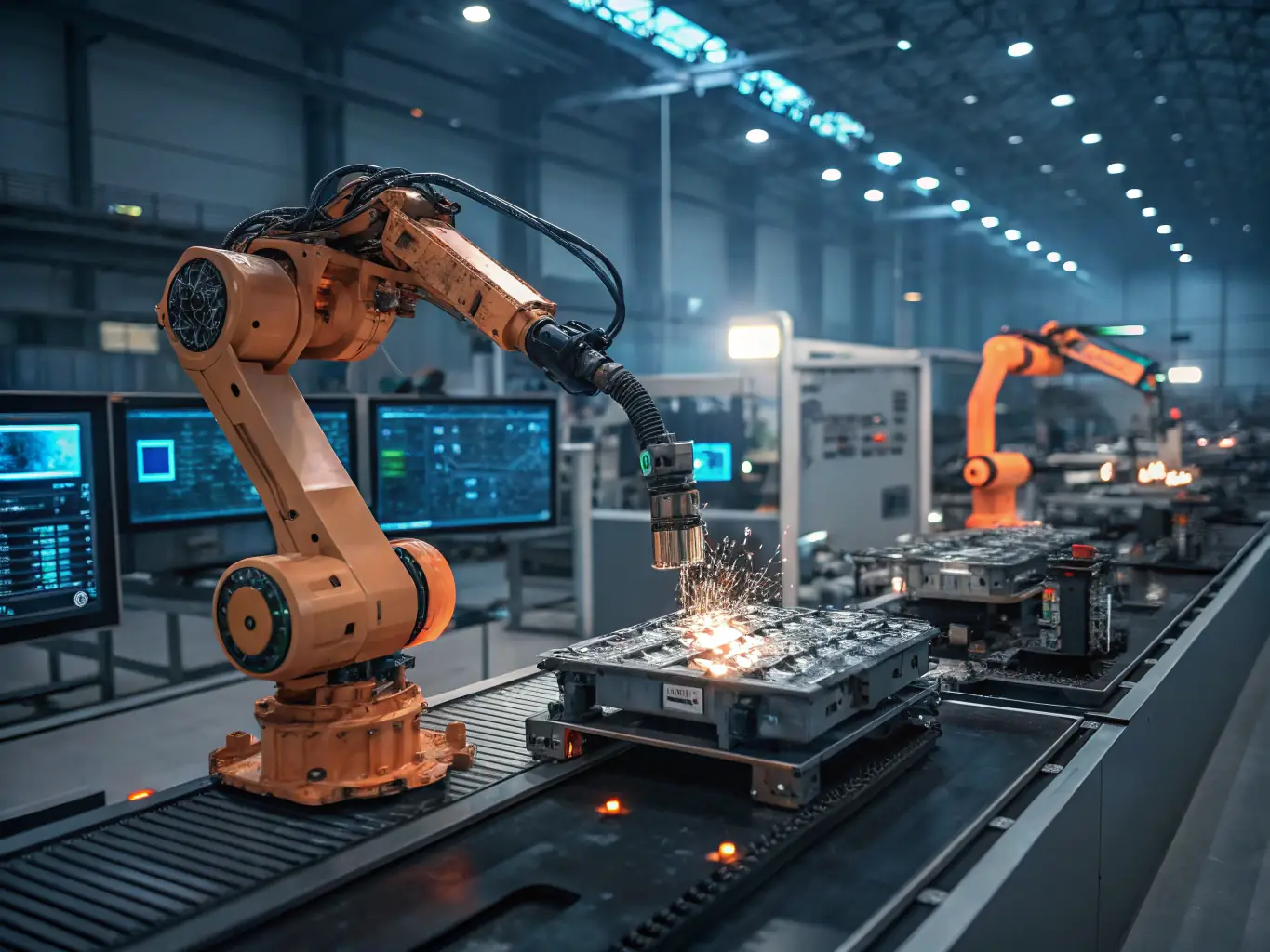 An image depicting a futuristic factory with AI-controlled robots performing maintenance tasks, highlighting the benefits of predictive maintenance in manufacturing.